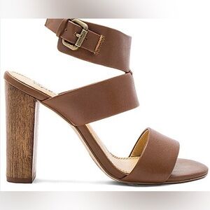 REVOLVE x Splendid Jessy Leather Sandal Wooden Block Heel in Cognac, NWOB, Sz 10